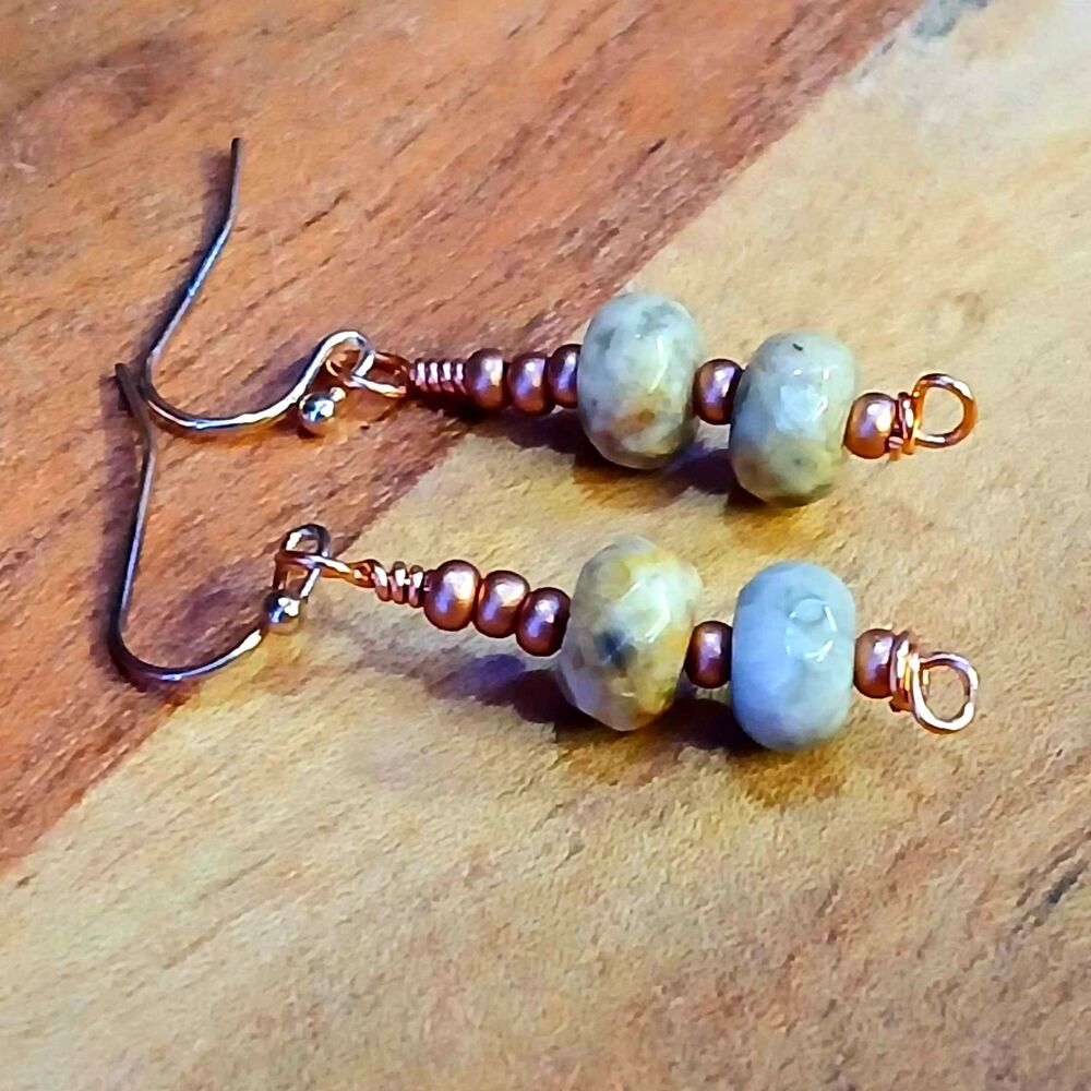 Copper & Agate Crystal Beaded Dangle Earrings, Boho Gemstone